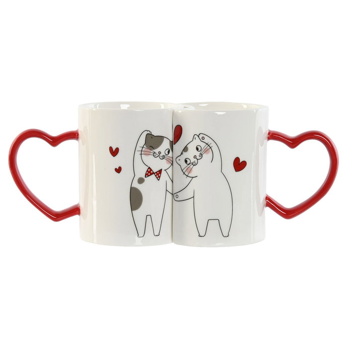 DKD Home Decor Set de 2 Tazas de Porcelana Gatos Love Rojo y Blanco