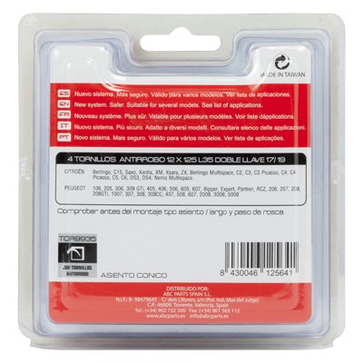 ABC Juego de Tornillos Antirrobo para Rueda TOR9962 - 4 Piezas, Rosca 12x125, Longitud 48 mm, Llave 17/19, Seguridad Llantas