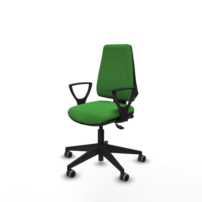 Silla de oficina Elche con mecanismo Asincro tapizada con Tela color Verde. Equipada con Base piramidal negra, Brazos fijos y Ruedas 65 mm parqué Silla de oficina Elche con mecanismo Asincro tapizada con Tela color Verde. Equipada con Base piramidal negra, Brazos fijos y Ruedas 65 mm parqué