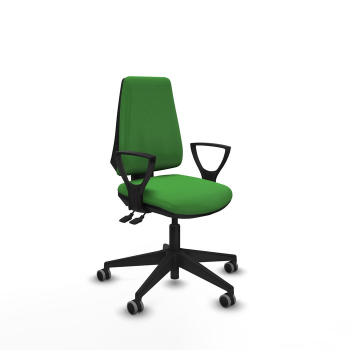 Silla de oficina Elche con mecanismo Asincro tapizada con Tela color Verde. Equipada con Base piramidal negra, Brazos fijos y Ruedas 65 mm parqué Silla de oficina Elche con mecanismo Asincro tapizada con Tela color Verde. Equipada con Base piramidal negra, Brazos fijos y Ruedas 65 mm parqué