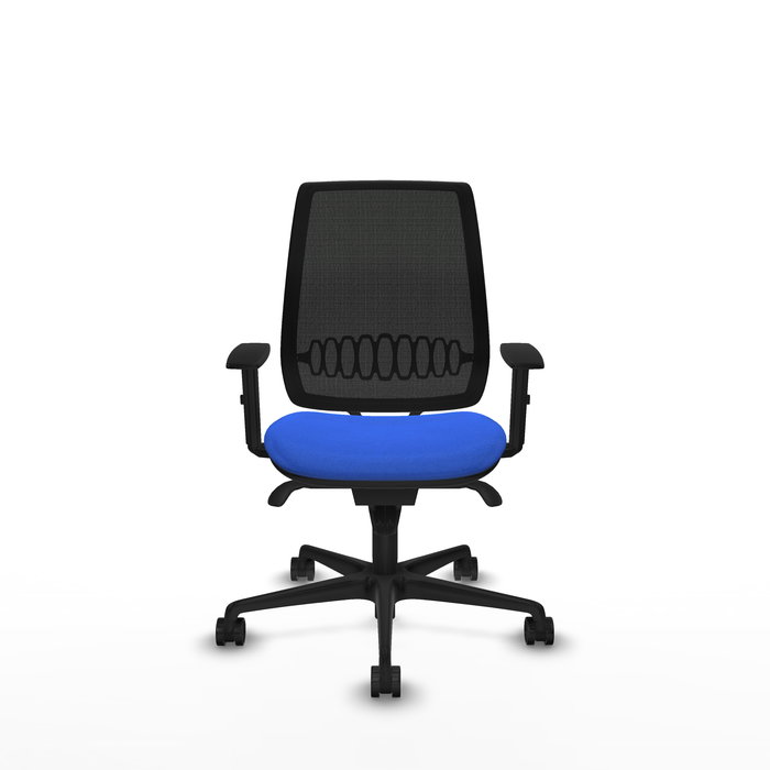 Silla de oficina Alares con mecanismo Sincro tapizada con Tela color Azul y malla color Negro. Equipada con lumbar 1D, Brazos 1D y Ruedas 65mm nailon