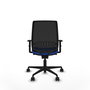 Silla de oficina Alares con mecanismo Sincro tapizada con Tela color Azul y malla color Negro. Equipada con lumbar 1D, Brazos 1D y Ruedas 65mm nailon