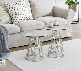 GINER Y COLOMER Lote de 2 Mesas de Centro con Tapa de Mármol Circular Aluminio Níquel Gris
