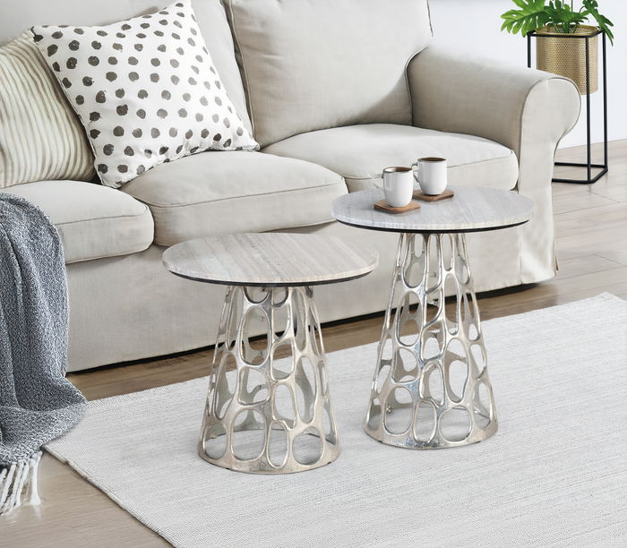 GINER Y COLOMER Lote de 2 Mesas de Centro con Tapa de Mármol Circular Aluminio Níquel Gris GINER Y COLOMER Lote de 2 Mesas de Centro con Tapa de Mármol Circular Aluminio Níquel Gris