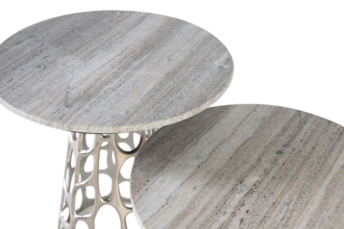 GINER Y COLOMER Lote de 2 Mesas de Centro con Tapa de Mármol Circular Aluminio Níquel Gris GINER Y COLOMER Lote de 2 Mesas de Centro con Tapa de Mármol Circular Aluminio Níquel Gris