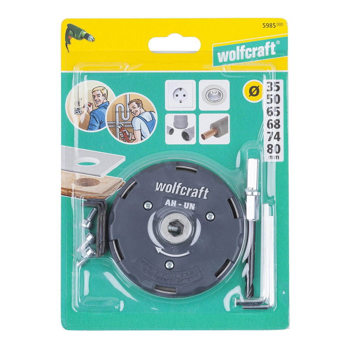 Wolfcraft Sierra de Corona Ajustable ø35 - 80 mm con Llaves Allen, Vástago Triangular, para Yeso y Madera Blando, 1000-1500 RPM Máx. Wolfcraft Sierra de Corona Ajustable ø35 - 80 mm con Llaves Allen, Vástago Triangular, para Yeso y Madera Blando, 1000-1500 RPM Máx.