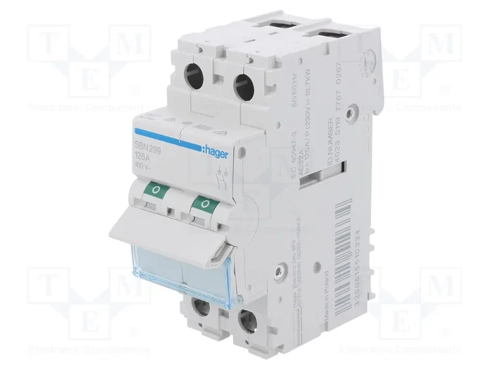 HAGER Interruptor de aislamiento 125A 2 polos 400VAC HAGER Interruptor de aislamiento 125A 2 polos 400VAC