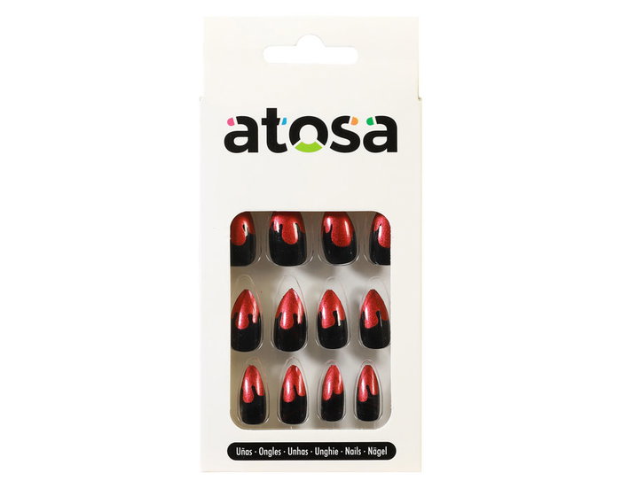 Uñas Postizas Halloween Efecto Sangre Rojas Con Gotas Negras para Disfraz de Terror Uñas Postizas Halloween Efecto Sangre Rojas Con Gotas Negras para Disfraz de Terror
