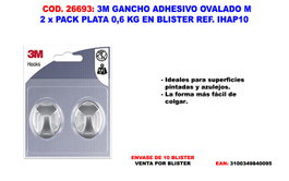 3M FINST Gancho Adhesivo Ovalado Plata Pack de 2