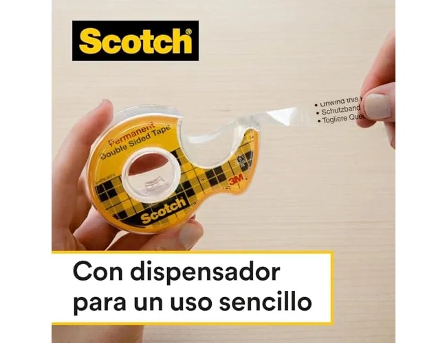 Scotch Cinta Adhesiva Doble Cara 33m x 19mm, 19 mm de Ancho, Transparente, para Montaje en Interiores