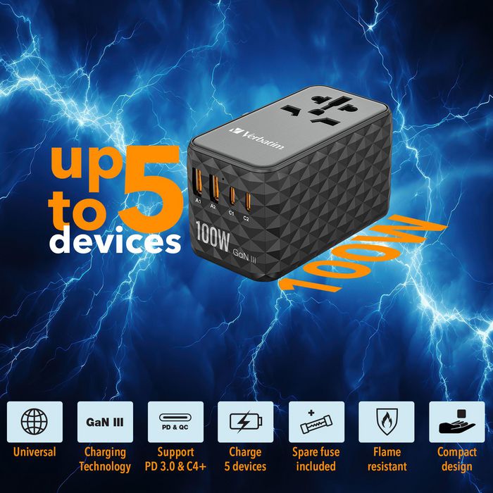 Verbatim UTA-06 Adaptador de Viaje Universal GaN III 100W