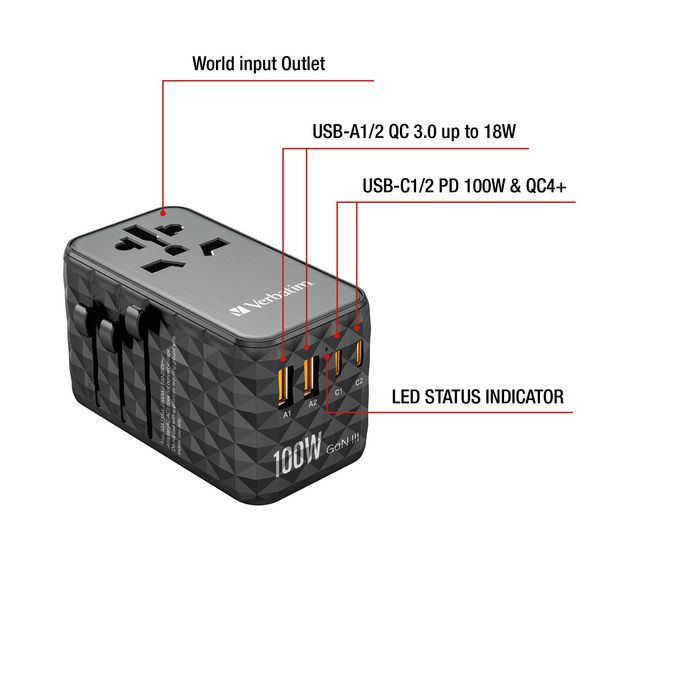 Verbatim UTA-06 Adaptador de Viaje Universal GaN III 100W