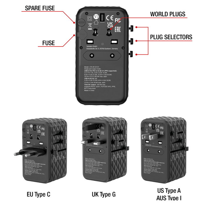 Verbatim UTA-06 Adaptador de Viaje Universal GaN III 100W