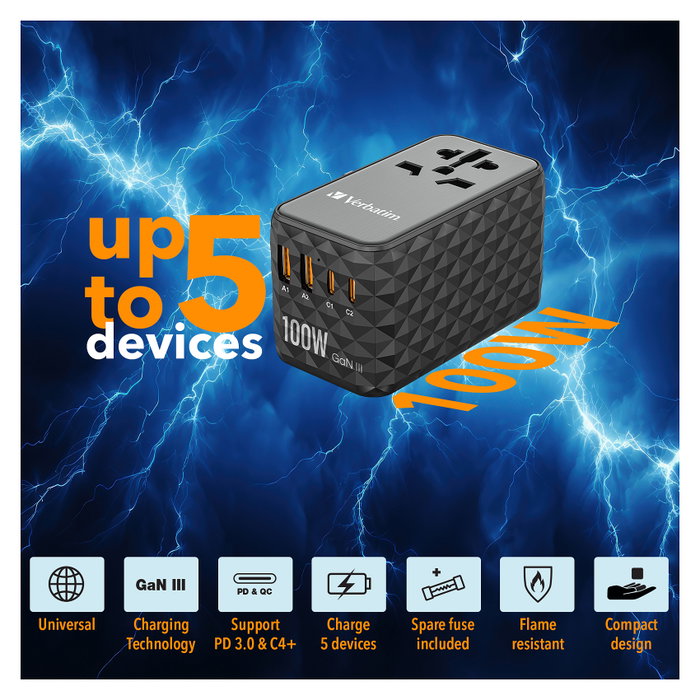 Verbatim UTA-06 Adaptador de Viaje Universal GaN III 100W
