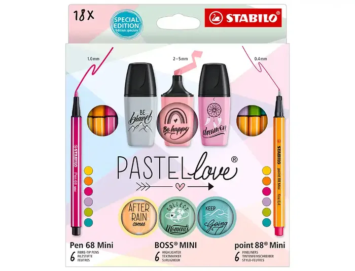 Stabilo Pastellove Collection Set Estuche 6 Rotuladores Pen 68 Mini, 6 Point 88 Mini y 6 Boss Mini Surtidos 18 Unidades