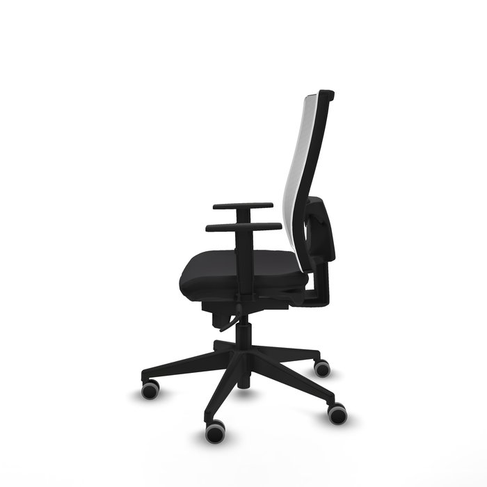 Silla de oficina Horna con mecanismo Sincro tapizada con Similpiel color Negro y malla color Blanco. Equipada con lumbar 1D, Brazos 1D y Ruedas 65 mm parqué