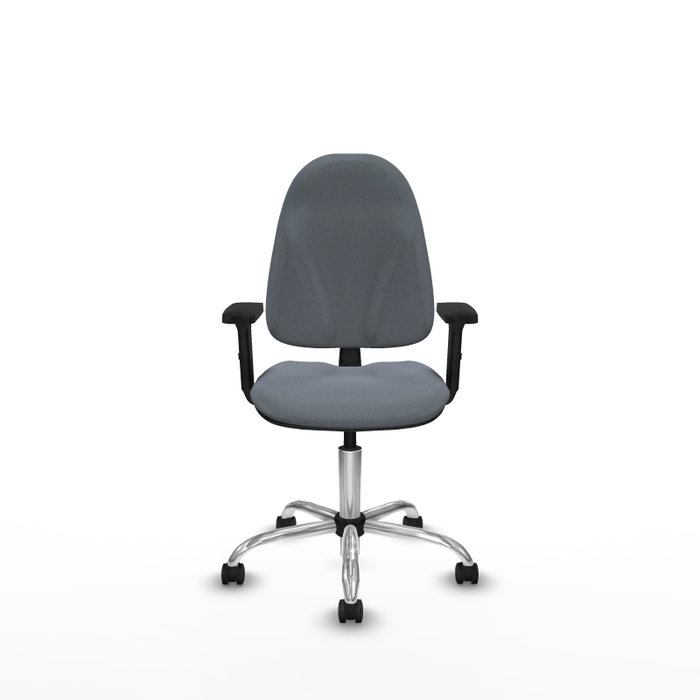Silla de oficina Algarra con mecanismo Contacto permanente básico tapizada con Tela color Gris. Equipada con Base cromada, Brazos 2D y Ruedas autofrenantes