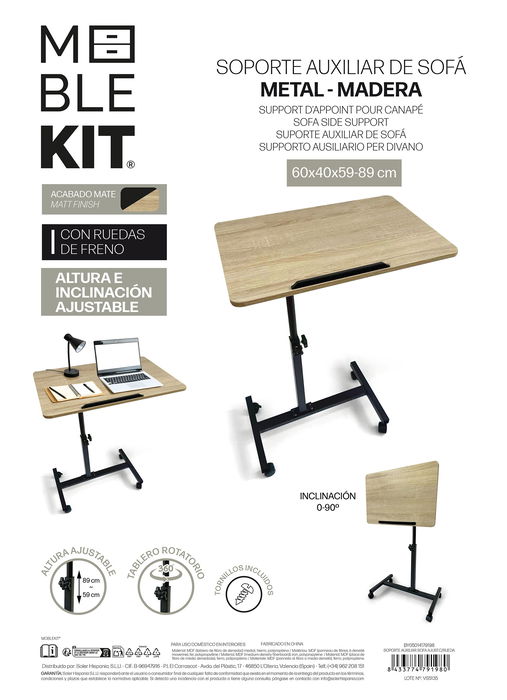 Inde Soporte Auxiliar Sofa Ajustable con Rueda para Muebles 60 x 40 x 59-89 cm (3 Unidades)