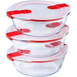 Pyrex PYR3426470284547 Juego de 3 Fiambreras de Vidrio Cook & Heat Redondas con Válvulas de Vapor, Aptas para Microondas - 1,1 L
