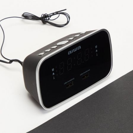 Aiwa CRU-19 Despertador Radio Reloj Negro con 2 Puertos USB Carga 5V 2.4A