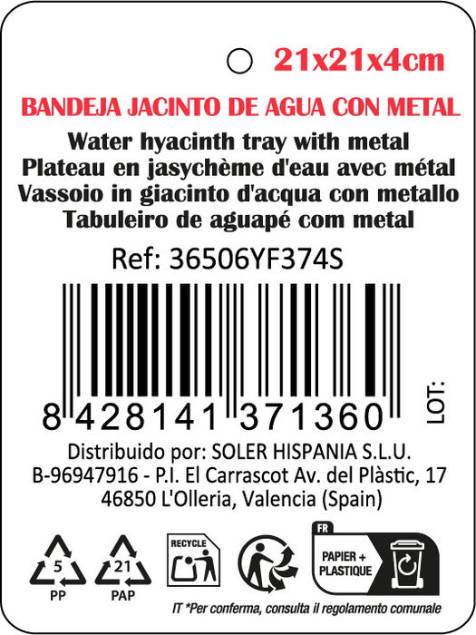 Inde Bandeja Jacinto De Agua con Metal 21x21x4 cm