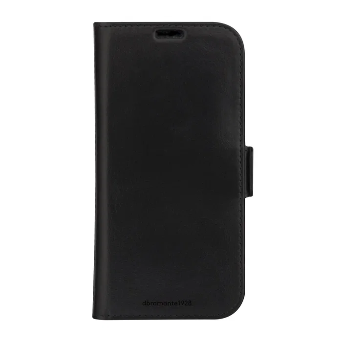 Dbramante1928 Funda con tapa para iPhone 13/14/15/16e, cuero de grano entero negro