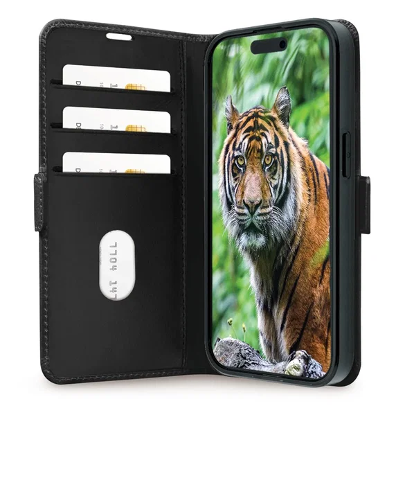 Dbramante1928 Funda con tapa para iPhone 13/14/15/16e, cuero de grano entero negro