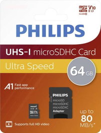 PHILIPS Tarjeta de Memoria Micro SD 64 GB Clase 10 (Velocidad Hasta 80 MB/s) Compatible Smartphone Cámara