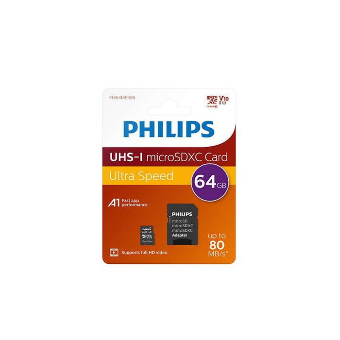 PHILIPS Tarjeta de Memoria MicroSDXC 64 GB FM64MP45B/00 con Adaptador SD PHILIPS Tarjeta de Memoria MicroSDXC 64 GB FM64MP45B/00 con Adaptador SD