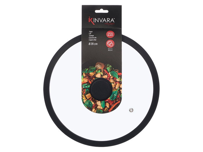 Kinvara Tapa de Cristal con Borde de Silicona para Sartén 28 cm Transparente y Negro (Set de 12)