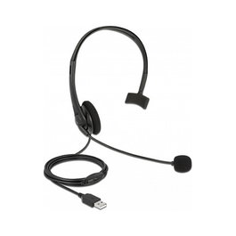 DeLOCK Auriculares USB Mono con Control de Volumen para PC y Portátil - Supraaural, Boom Micrófono, 20-20000 Hz, Negro, 70 g, 2.4 m