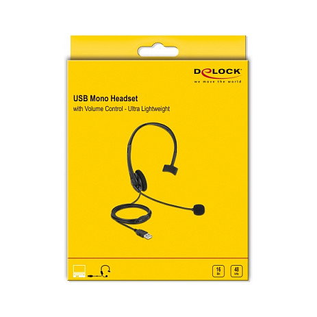 DeLOCK Auriculares USB Mono con Control de Volumen para PC y Portátil - Supraaural, Boom Micrófono, 20-20000 Hz, Negro, 70 g, 2.4 m
