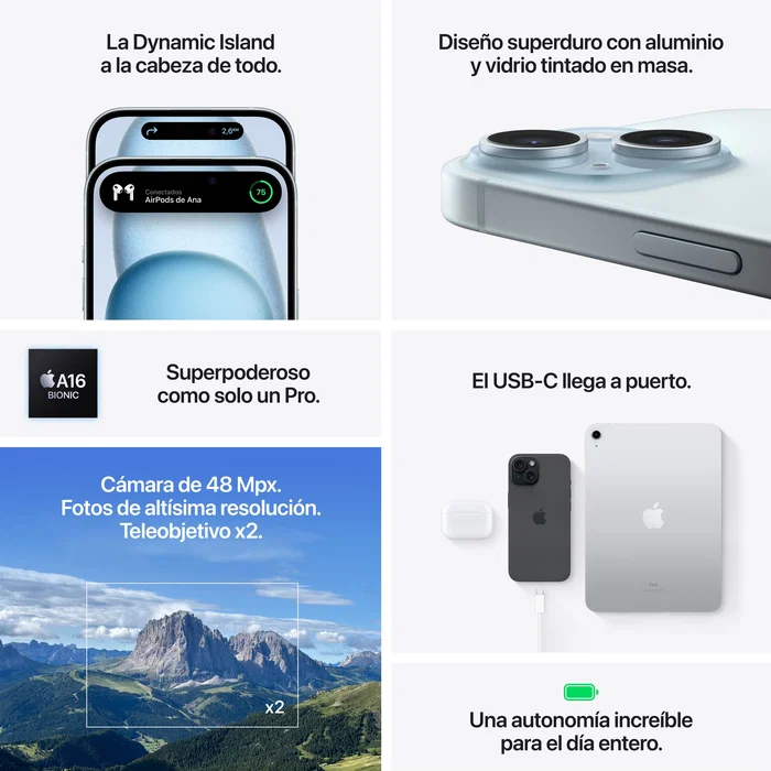 Apple iPhone 15 256GB - Smartphone 6.1" Super Retina XDR OLED, 5G, Cámara Principal 48MP, Chip A16 Bionic, USB-C, iOS 17, Resistente al Agua IP68, Color Rosa