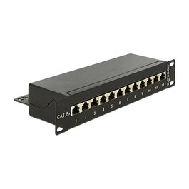DeLOCK Patchpanel 43310 de Montaje en Rack 1U, 12 Puertos Cat.6A RJ45, Negro, Certificado ISO/IEC 11801, Compatible TIA-568A/B