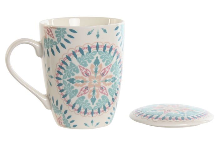 DKD Home Decor Mug Infusiones Mediterraneo Blanco Azul Porcelana/Inox 2 Unidades 6 x 10.5 x 8.3 cm