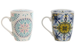 DKD Home Decor Mug Infusiones Mediterraneo Blanco Azul Porcelana/Inox 2 Unidades 6 x 10.5 x 8.3 cm