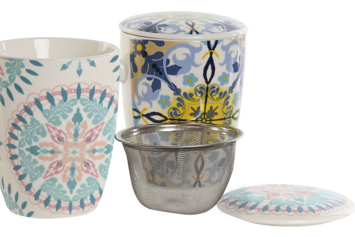 DKD Home Decor Mug Infusiones Mediterraneo Blanco Azul Porcelana/Inox 2 Unidades 6 x 10.5 x 8.3 cm