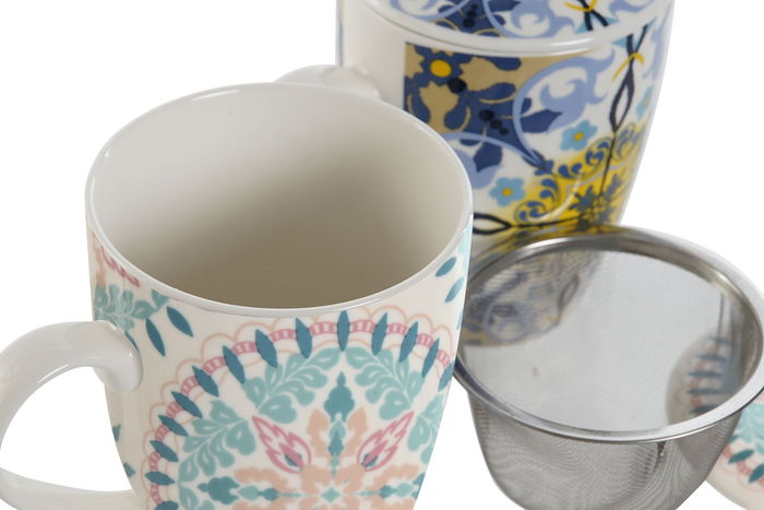 DKD Home Decor Mug Infusiones Mediterraneo Blanco Azul Porcelana/Inox 2 Unidades 6 x 10.5 x 8.3 cm