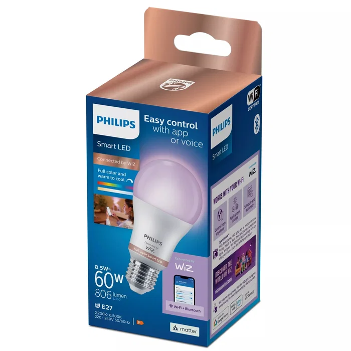Philips 8720169170933 - Bombilla LED Inteligente WiZ, Wi-Fi/Bluetooth, A60 E27 8.5W (Equivalente 60W), Blanco Mate, RGB y Blanco Regulable (Cálido a Frío), Control por App y Voz