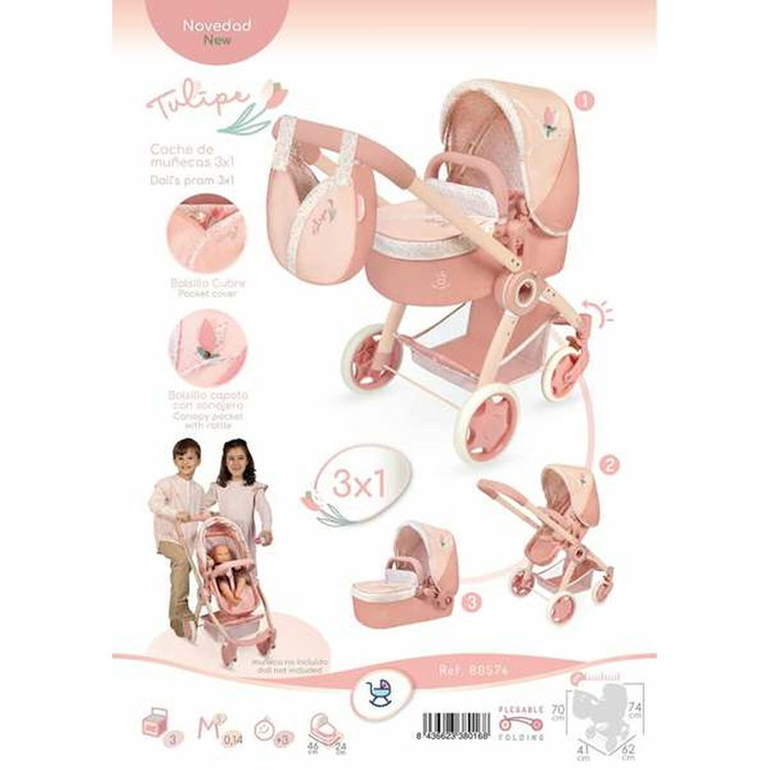 Decuevas Coche de Muñeca Tulipe 3 en 1 Plegable con Bolso