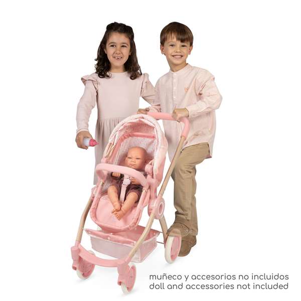 Decuevas Coche de Muñeca 3 en 1 Plegable Tulipe con Bolso para Muñecas de hasta 48 cm, 41x62x70 cm, Metal y Plástico