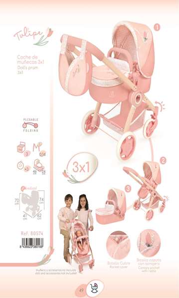 Decuevas Coche de Muñeca 3x1 Plegable con Bolso para Muñecas hasta 48 cm - Dimensiones 41x62x70 cm