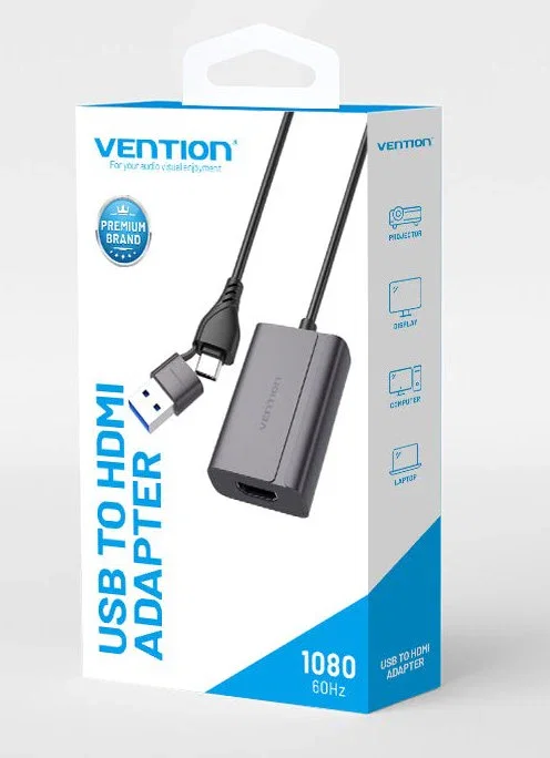 Vention ACYHB Adaptador USB-C + USB-A Macho a HDMI Hembra, Cable 0.15 m, 1080p 60Hz, Gris
