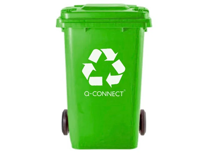Q-connect Papelera Contenedor Plástico Verde para Envases de Vidrio 100L con Tapa y Ruedas 750x470x370 mm