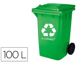 Q-connect Papelera Contenedor Plástico Verde para Envases de Vidrio 100L con Tapa y Ruedas 750x470x370 mm