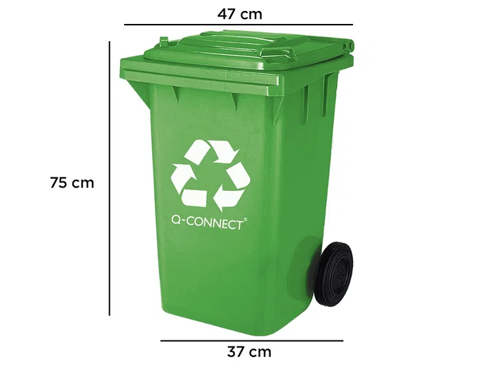 Q-connect Papelera Contenedor Plástico Verde para Envases de Vidrio 100L con Tapa y Ruedas 750x470x370 mm
