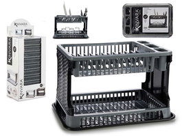 Kinvara Escurreplatos de Plástico Rattan Gris y Negro, 2 Pisos, 44.5 x 30.3 x 27 cm (Set de 10)