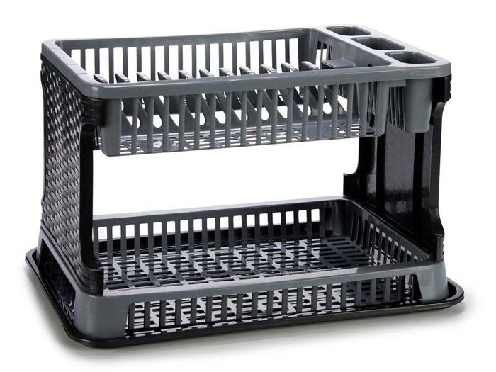 Kinvara Escurreplatos de Plástico Rattan Gris y Negro, 2 Pisos, 44.5 x 30.3 x 27 cm (Set de 10)