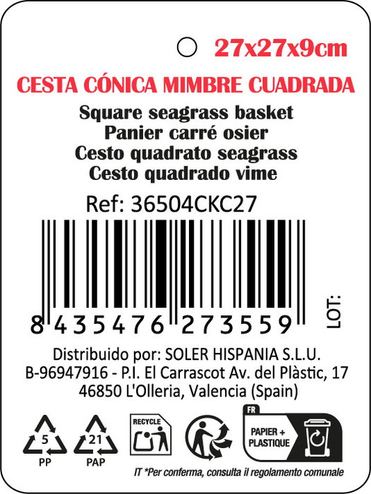 Privilege Cesta Cónica de Mimbre Cuadrada Korne - 27 cm x II cm x 9 cm para Decoración y Organización (12 Unidades)