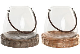 DKD Home Decor Portavelas de Cristal y Mimbre con Asa Natural